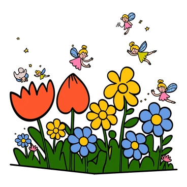 A magical garden filled with oversized colorful flowers in various shapes and sizes. The petals of the flowers are vibrant in shades of red, blue, and yellow. Tiny fairies with delicate wings are flitting about among the flowers. Each fairy has a unique appearance, with sparkly outfits and bright hair. The garden is bathed in soft, warm sunlight, casting gentle shadows on the ground. Some fairies are playfully interacting with the flowers, while others are hovering in the air, their wings shimmering.