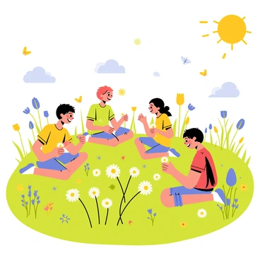 A sunlit meadow filled with vibrant green grass and colorful wildflowers. Several children are sitting and playing on the soft ground, focused on making "daisy chains." The children, dressed in bright, cheerful clothing, are smiling and laughing. Each child has a small pile of "daisies" in their hands, carefully weaving the flowers together. The sun is shining brightly, casting soft rays across the scene, and a few fluffy white clouds are drifting in the blue sky above. Butterflies flutter around the flowers, adding to the lively atmosphere.