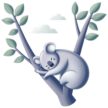 A koala resting in the fork of a tree, its eyes closed and body curled into a comfortable position. The tree has textured bark and lush green leaves framing the scene. In the background, there are fluffy cloud formations, contributing to a tranquil atmosphere. The setting conveys a peaceful moment in nature, focusing on the koala's relaxed demeanor and the surrounding foliage.
