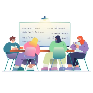 A group of four students is gathered around a large wooden table, deeply engaged in solving a challenging physics problem for their baccalauréat exam. Two students, one with curly brown hair and the other with straight black hair, are writing equations in neat handwriting on a whiteboard. The student with curly hair is wearing glasses and has a focused expression. The other two students, one with short blonde hair and the other with long wavy red hair, are sitting at the table, looking at a physics textbook and discussing the problem. The table is cluttered with open notebooks, pencils, and a scientific calculator. A bright lamp is illuminating the scene, casting soft shadows across the table and highlighting the students' expressions of concentration.