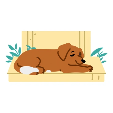A brown dog with a short coat is lying comfortably on a wooden doorstep. The dog's body is relaxed, with its head resting on its paws and its eyes half-closed. The doorstep is made of light-colored wood, with visible grains and a few small scratches. Sunlight casts soft shadows around the dog, highlighting the texture of its fur and the smooth surface of the doorstep. A few small plants are visible on either side of the door, adding a touch of greenery to the scene. The dog's position demonstrates the concept of the normal force as it rests directly on the horizontal surface.