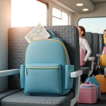 A school bag, made of blue fabric with a large main compartment and several smaller pockets, is placed on a bus seat. The seat is upholstered in dark gray with a textured pattern. The bag has a colorful zipper, and a folded map is partially sticking out of the front pocket, showing various landmarks and routes. Sunlight streams through the bus window, casting a warm glow over the scene, while a few scattered backpacks and lunchboxes can be seen in the aisle.