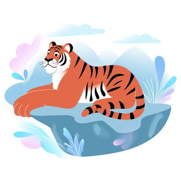 A majestic tiger with a vibrant orange coat and dark stripes is resting its paw atop a rugged rocky mountain ledge. The tiger's body is positioned comfortably, with its strong limbs extending over the edge. The mountain landscape features craggy rocks and a backdrop of distant hills. Soft gradient pastel colors create a serene atmosphere around the scene, enhancing the beauty of the tiger and the natural setting. Various plants and grasses are visible on the ledge, adding to the richness of the environment.