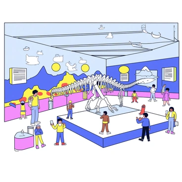 A large museum hall with high ceilings. In the center of the hall, there is a complete dinosaur skeleton displayed on a sturdy platform. The dinosaur skeleton is illuminated by bright spotlights, highlighting its detailed bones. Surrounding the skeleton, there are informational plaques providing details about the dinosaur. The walls of the hall feature large, colorful murals of various prehistoric landscapes. Visitors can be seen observing the skeleton, taking pictures, and reading the information.