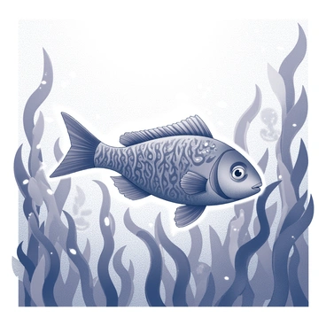 A fish with intricate patterns swimming through a dense underwater forest of kelp. The fish has elongated fins that create fluid movement as it glides effortlessly among the tall strands of kelp. The kelp has various textures, with some leaves gently swaying in the water current. Sunlight filters down through the water, illuminating the scene with soft rays. Small bubbles rise from the fish as it navigates through the vibrant greenery, creating a lively and dynamic atmosphere.