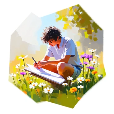 An artist with medium skin and short, curly black hair is crouched down in a vibrant green meadow filled with a variety of wildflowers. The artist is focused intently, holding a pencil in one hand while sketching delicate flowers, which include purple asters, yellow daisies, and white clovers. The sunlight filters through the leaves of nearby trees, casting gentle patterns on the ground. The artist is wearing a light blue shirt and denim shorts, surrounded by the beauty of nature as they concentrate on their artwork.