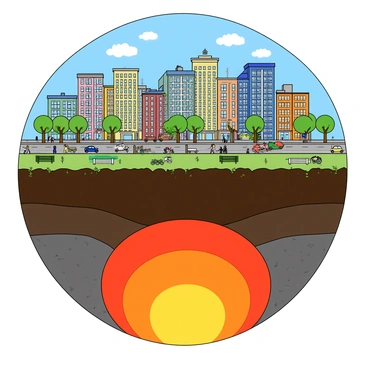 A vibrant cityscape with tall buildings featuring colorful facades and large windows, bustling with activity. Above the ground, people walk along streets lined with trees and benches, while cars and bicycles navigate the roads. Above the city, a clear blue sky is dotted with fluffy white clouds. Below the surface, there is a cross-section view showcasing earth's layers. The top layer shows dark soil with small plants and roots, beneath it is a layer of rocky sediment, followed by a layer of red clay. Deeper down, there are dark gray bedrock and a molten core represented in bright orange and yellow colors, radiating warmth. The transitions between layers are clear, enhancing the depth of the illustration.