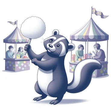 A skunk with distinct black and white stripes is standing on its hind legs at a lively carnival scene. It is holding a large fluffy cotton candy in its paws. Surrounding the skunk are colorful game booths with prizes visible, and festive decorations fill the air. Excited carnival-goers can be seen in the background, playing games, and enjoying various treats. The skunk has a playful expression, and its fur is well-defined against the vibrant atmosphere of the carnival.