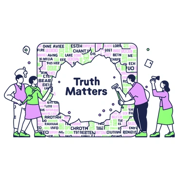 A group of journalists is actively engaged in tearing down a wall constructed from numerous biased headlines. The wall is made of overlapping pieces of paper, each displaying sensationalized phrases and misleading statements. The journalists, a diverse mix of men and women, are wearing professional attire and are equipped with tools like crowbars and hammers. As they pull down the wall, fragments of paper fall to the ground, revealing a large, clear space behind the wall, which features a simple and honest message written in bold letters, "Truth Matters." In the background, various cameras and notepads are visible, highlighting their role in capturing this significant moment.