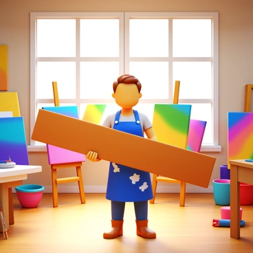 An artist holding a wooden plank in a brightly lit art studio. The artist is wearing a paint-splattered apron and has short hair. Sunlight streams through large windows, illuminating various art supplies scattered around the studio. Canvases of different sizes line the walls, showcasing vibrant colors and abstract designs. The floor is a light wooden surface, and a few paintbrushes rest on a nearby table. The overall atmosphere is dynamic and creative.