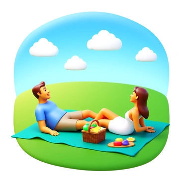 A couple having a picnic on a vibrant green blanket spread across an open field. The man is lounging on his back, wearing a light blue shirt and khaki shorts, while the woman is reclining beside him in a white sundress. They are both gazing up at the sky filled with fluffy white clouds. A picnic basket sits on the blanket, surrounded by an assortment of colorful fruits and sandwiches. Sunlight bathes the scene, illuminating their relaxed expressions.