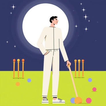A solitary figure standing on a grassy field under the bright light of a full moon. The figure is dressed in a classic white outfit, holding a wooden croquet mallet with a determined expression. Colorful croquet balls are scattered across the green lawn, and ornate wooden wickets are set up in the background. The moon casts a silvery glow on the scene, illuminating the figure's surroundings and creating soft shadows on the ground. The night sky is filled with twinkling stars, adding to the magical atmosphere of the moment.