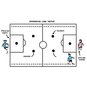 A whiteboard is filled with a tactical diagram illustrating various dodgeball strategies. There are labeled sections demonstrating player formations, such as "Defensive Line" and "Offensive Setup." Arrows indicate movement paths for players, showcasing how to dodge and throw the ball effectively. Small circles represent players in different positions on the court, and there are notes in the corners detailing key tactics, such as "Focus on teamwork" and "Utilize cover." The overall layout is clear and organized, making the strategies easy to understand at a glance.