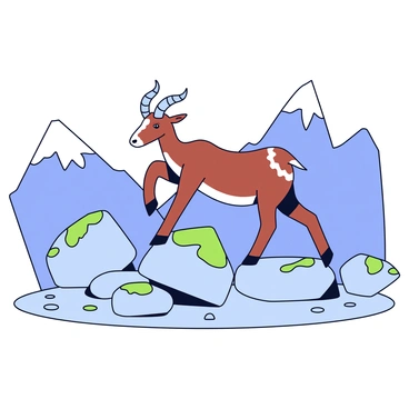 An ibex with curved horns is climbing over a large boulder in a rocky mountain terrain. The ibex has a brown coat with lighter patches and is poised on a jagged rock, showcasing its strong legs. Surrounding the ibex are several other boulders of varying sizes, with some covered in patches of green moss. In the background, steep rocky slopes rise dramatically against the sky. The ground is uneven and scattered with small stones and pebbles.