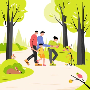 A family of four walking along a winding forest trail, surrounded by tall trees with vibrant green leaves. The parents, a mother wearing a red sweater and a father in a blue jacket, are guiding their two children, a girl in a yellow dress and a boy in a green t-shirt. The children are kneeling down, examining a few colorful leaves they have collected. Various wildlife, such as a small brown rabbit peeking from behind a bush and several colorful birds perched on a low branch, can be seen around them. Sunlight filters through the tree canopy, creating dappled patterns on the ground.