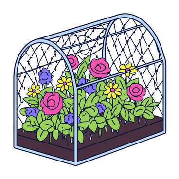 A vibrant garden filled with various colorful flowers such as red roses, yellow daisies, and purple violets. The flowers are arranged in a lush, overflowing manner, with green leaves contrasting the bright colors. The garden is contained within an old rusty cage with intricate patterns on its bars. Sunlight filters through the gaps in the cage, casting playful shadows on the soil. The scene conveys a sense of life thriving within a confined space.