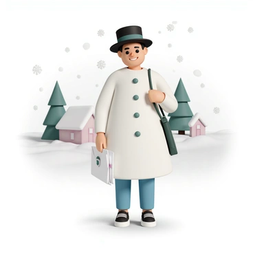 A mailman is wearing a festive snowman costume, complete with a black top hat, a carrot-shaped nose, and buttons down the front. He is standing outside in a snowy landscape, with snowflakes gently falling around him. He is holding a stack of letters in one hand and a mailbag slung over his shoulder. The background features snow-covered houses and pine trees, creating a winter scene. The mailman's expression is cheerful as he prepares to deliver the mail.