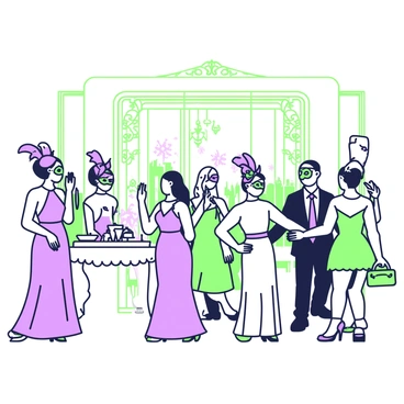 An elegant masquerade ball is taking place in a grand ballroom. Guests are mingling while wearing intricate masks that feature elaborate designs and embellishments. Some masks have feathers, while others have sequins and jewels glistening under the soft light. The guests are dressed in formal attire, with women in flowing gowns and men in tailored suits. The atmosphere is enhanced by elegant chandeliers hanging from the ceiling, casting a warm glow over the scene. Tables are adorned with fine china and sparkling glassware, creating a sophisticated ambiance. A dance floor is visible, where couples gracefully waltz to classical music.