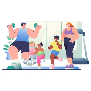 A family of four is working out together in a gym. The parents, a father with dark hair wearing a blue tank top and black shorts, and a mother with light brown hair in a ponytail wearing a pink sports bra and black leggings, are demonstrating exercises. Their two children, a boy with curly hair in a yellow t-shirt and blue shorts and a girl with straight hair wearing a purple tank top and pink leggings, are following along with enthusiasm. The gym is filled with various exercise equipment, including dumbbells and a treadmill. Large windows allow natural light to fill the space, creating a warm atmosphere. The family is smiling and encouraging each other as they engage in their fitness routine.