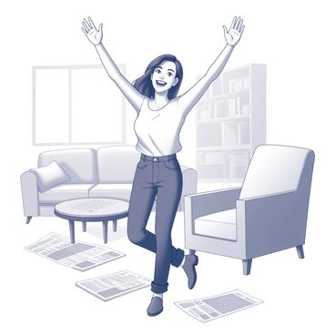 A person is standing in a living room, surrounded by scattered newspaper pages and a partially completed crossword puzzle on a coffee table. The individual has their arms raised in a joyful manner, with a broad smile on their face, demonstrating excitement. The person is wearing casual clothing and has a carefree posture as they take a small dance step. The room features a cozy atmosphere with a bookshelf in the background and soft lighting illuminating the scene.