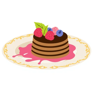 A gourmet dessert featuring layers of rich chocolate mousse topped with a glossy chocolate ganache. The dessert is elegantly placed on a round, white fine china plate adorned with intricate gold patterns along the edges. A delicate raspberry coulis is drizzled artistically around the dessert, and fresh berries, including raspberries and blueberries, are scattered on top. A sprig of mint rests on the side for garnish, adding a touch of color to the presentation. The overall composition emphasizes the luxurious and indulgent nature of the dessert.