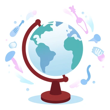 A globe is positioned centrally, showcasing countries painted in vibrant colors representing diverse cultures. Each country is distinctly colored with patterns or symbols that reflect its cultural heritage. The globe is resting on a wooden stand, with shadows cast underneath. Surrounding the globe are small illustrated items such as traditional instruments and artifacts from various cultures, arranged in a circular pattern. A subtle gradient pastel background enhances the visual appeal of the scene.