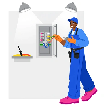 An electrician wearing a blue work uniform and safety gloves is carefully connecting colorful wires inside a residential electrical panel. The panel is mounted on a plain white wall and has various labeled circuit breakers. The electrician is focused, using a pair of wire strippers in one hand while holding a section of wire with the other. Bright overhead lights illuminate the workspace, casting clear shadows inside the panel. Tools like a screwdriver and voltage tester are visible on a nearby workbench.