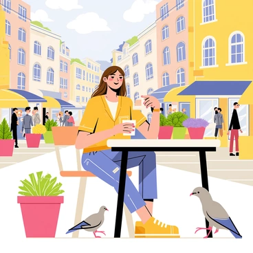 A young woman named "Sarah" is sitting at an outdoor café table, holding a white coffee cup. She has long brown hair that is gently blowing in the breeze. The café table is surrounded by colorful flower pots, adding a vibrant touch to the scene. In the background, there are various city buildings with large windows and busy streets filled with people walking by. The atmosphere is lively, with a few pigeons pecking at crumbs on the ground nearby. The sun is shining brightly, casting soft shadows on the table.