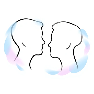 Two figures in profile are facing each other. The figures are outlined in delicate line art, capturing their features without any details of the face parts. The background features a soft gradient of pastel colors, enhancing the overall composition. The silhouettes of the figures are gracefully interacting, suggesting a moment of connection between them.