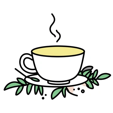 A white ceramic cup filled with herbal tea, steam rising gently from the surface. The cup is placed on a rustic wooden table with visible grain patterns. Around the cup, several green fern leaves are arranged elegantly, their fronds curling softly. The overall composition highlights the warmth of the tea and the natural texture of the wood.