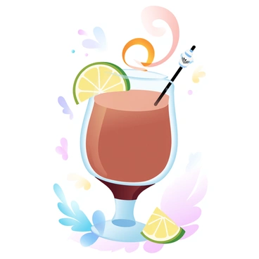 A glass filled with a cocktail made from v60 brewed coffee is placed on a tabletop. The drink is topped with a vibrant citrus twist, curling elegantly over the rim of the glass. Surrounding the glass are various colorful decorations like small fruit slices and edible flowers, adding bursts of color to the scene. The coffee itself has a glossy surface, reflecting the warm ambient light. A cocktail stirrer with a playful design is nestled within the drink.