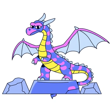 A dragon with vibrant, multi-colored scales that shimmer in the light. Its body is long and serpentine, showcasing an intricate pattern of overlapping scales. The wings are large and elongated, featuring a detailed design with geometric shapes and sharp edges. The dragon's eyes are bright and expressive, creating a striking focal point on its face. It stands on a rocky outcrop, with its wings partially spread, as if ready to take flight.