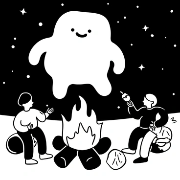 A fluffy marshmallow-like monster, with oversized rounded features, is positioned above a glowing campfire. The campfire has bright flames shooting up, surrounded by logs. Nearby, a group of friends, depicted with varied body shapes and casual clothing, is sitting on the ground around the fire. One friend is holding a skewer with a piece of food, while another friend laughs, pointing at the monster. The night sky is filled with stars, creating a cozy atmosphere.