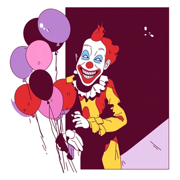 A red clown with a wide, unsettling grin is lurking in the shadows. The clown's face is painted white with dark, exaggerated features, including large red lips and piercing blue eyes. It wears a tattered yellow costume adorned with mismatched patches. Shadows cast by dim light create an eerie atmosphere, partially hiding the clown's figure behind a wall. A few colorful balloons float nearby, adding a contrasting touch to the scene.