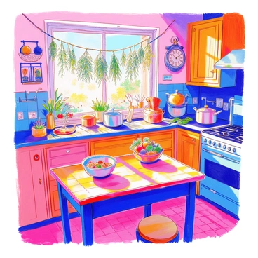 A cozy kitchen features rustic wooden cabinets with a warm finish. Various herbs are hanging to dry from a string across the window, adding greenery to the scene. A wooden table is placed in the center, adorned with a bowl of fresh vegetables. There are pots and pans displayed on a rack above the stove, and a vintage clock hangs on the wall. Sunlight streams in through the window, illuminating the space.