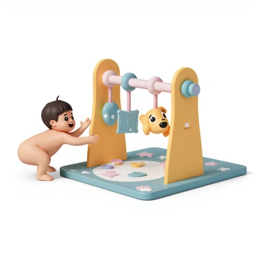 A colorful baby gym with various hanging toys, featuring a playful puppy toy prominently displayed. The puppy toy is bright and soft, with large, friendly eyes and floppy ears, capturing the attention of a nearby baby. The baby, with wide eyes and a big smile, reaches out towards the puppy toy, excitedly trying to grasp it. The gym is on a soft play mat adorned with playful patterns, creating a cheerful environment for the baby.
