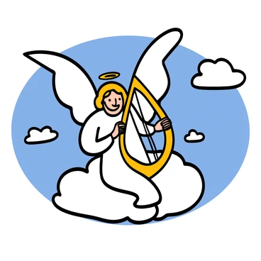 An angelic figure with light skin and flowing white robes is seated on a fluffy white cloud. The figure has large wings extending behind, glowing softly in the light. The angel is playing a golden harp delicately, focused on the music. The sky is bright and blue with a few fluffy clouds scattered around, creating a peaceful atmosphere.