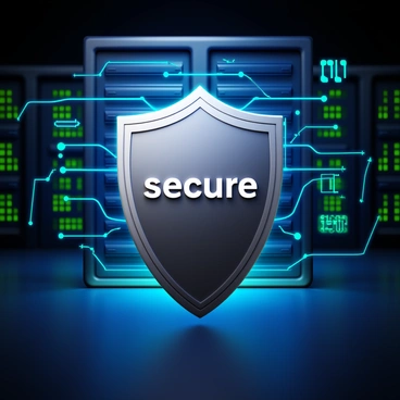 A shield designed with a metallic finish, featuring bold contours and intricate patterns. The shield displays "secure" prominently in the center. Surrounding the shield are flowing digital data streams, represented by glowing lines of binary code in green and blue hues. The background consists of a high-tech IT environment, showcasing server racks and glowing circuit patterns. Soft lighting highlights the shield, emphasizing its protective quality over the data streams.