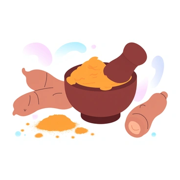 A close-up of fresh turmeric roots arranged beside a wooden mortar. The mortar is filled with bright orange turmeric paste, showcasing its vibrant color. A pestle is resting next to the mortar, with remnants of the paste visible on its surface. In the background, there are a few whole turmeric roots and a scattering of ground turmeric powder, enhancing the composition. The overall scene emphasizes the texture and color of the ingredients used in making the paste.
