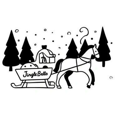 A wooden sleigh pulled by two horses moves through a snowy forest, the ground blanketed in thick layers of snow. Pine trees, heavy with snow, line the path, and snowflakes gently fall from the sky. The sleigh is adorned with "Jingle Bells" written on its side, and several bells hang from the harnesses of the horses, creating a sense of movement as they trot. In the background, a hint of a distant cabin can be seen, with smoke curling up from the chimney.