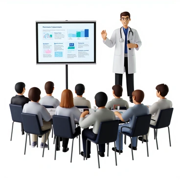 A doctor with light skin and short brown hair, wearing a white lab coat and a stethoscope around their neck, stands confidently at a podium. The doctor is gesturing with one hand, holding a remote clicker in the other, while looking at a large screen displaying a colorful infographic related to medical research. The audience, composed of various healthcare professionals, is seated and attentively watching the presentation. The conference room has a modern design with bright lighting and professional decor.
