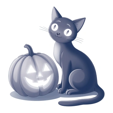 A black cat with distinct features, including pointed ears and a sleek coat, is sitting gracefully beside a carved pumpkin lantern. The pumpkin is round and has a classic jack-o'-lantern face with a wide, grinning mouth and triangular eyes. The cat's eyes are glowing vibrantly, capturing attention and adding an eerie ambiance. The scene is set in a dimly lit environment, casting soft shadows around the cat and the lantern, highlighting their shapes and textures.