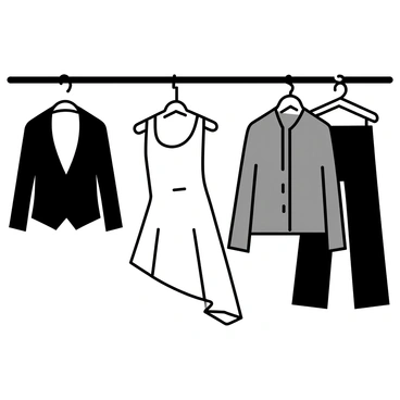 A collection of clothing designs displayed on simple hangers against a plain background. The designs feature clean lines, with a focus on tailored silhouettes. Each piece is in a monochrome color palette, showcasing shades such as black, white, and gray. The garments include a fitted blazer with sharp lapels, a flowing midi dress with an asymmetrical hem, and wide-leg trousers with a high waist. The overall arrangement highlights the minimalist aesthetic, emphasizing the elegance of simplicity in fashion.