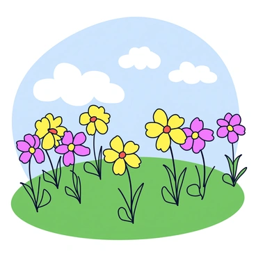 A lush green field filled with clusters of freesia flowers in various colors, including yellow, pink, and purple. The flowers stand tall with slender stems, gently swaying in a light breeze. The sky above is clear with a few soft white clouds scattered throughout. The vibrant colors of the flowers contrast beautifully with the rich green grass below.