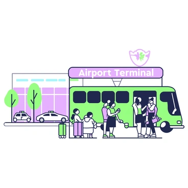 An airport shuttle bus is parked at a terminal entrance, ready to pick up travelers. The bus has large windows and a door open to welcome passengers inside. A group of travelers with luggage stands nearby, some checking their phones and others conversing. The terminal building has a modern design, featuring large glass panels and a visible sign displaying "Airport Terminal." A few trees are planted along the entrance, providing a touch of greenery to the scene. In the background, there are vehicles and taxis waiting in line, creating a busy atmosphere.