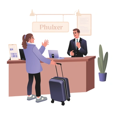 A traveler standing at a hotel front desk. The traveler is a young woman with medium skin and curly brown hair tied back. She is wearing a light blue jacket, dark jeans, and carrying a large black suitcase with one hand. Her other hand is raised, gesturing helplessly as she speaks to the receptionist. The receptionist is a middle-aged man with light skin, short brown hair, and wearing a formal shirt and tie. Behind the front desk, there are neatly arranged brochures and a sign that displays the hotel name in elegant font. The hotel lobby has a warm atmosphere with wooden furniture and a potted plant in the corner.