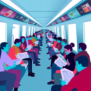 A bustling subway car filled with morning commuters. The interior is crowded with people of diverse backgrounds, some standing while others are seated. Each commuter is engrossed in their own activities, with many reading newspapers or scrolling through their devices. Above them, colorful advertisements are prominently displayed, showcasing various products and services in vivid hues. The walls of the subway car are painted in a metallic finish, reflecting the bright lights overhead. The atmosphere is lively with the sound of conversation and the rhythmic motion of the train.