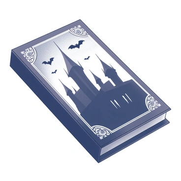 A dark matchbook with intricate designs. The cover features a silhouette of a gothic castle with tall, twisting spires that stretch upward into the sky. Bats are depicted flying around the castle, their wings outstretched as they soar against the backdrop of the structure. The matchbook's edges are adorned with ornate patterns, adding to its mysterious and intricate appearance.
