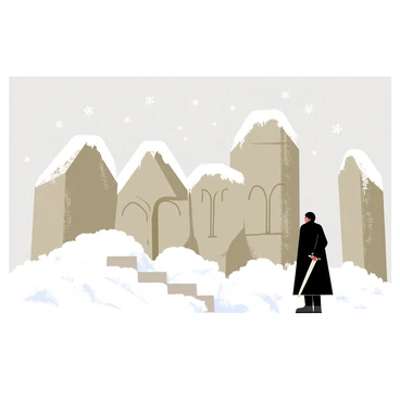 Jon Snow standing in front of ancient ruins covered in a thick layer of snow and ice. The ruins consist of large stone structures with intricate carvings, partially hidden beneath mounds of white snow. Jon, wearing his signature black fur cloak, holds a sword in one hand and gazes intently at the weathered stones. Flakes of snow gently fall from the gray sky, and the surrounding landscape is blanketed in a pristine layer of snow, creating a sense of solitude and mystery.