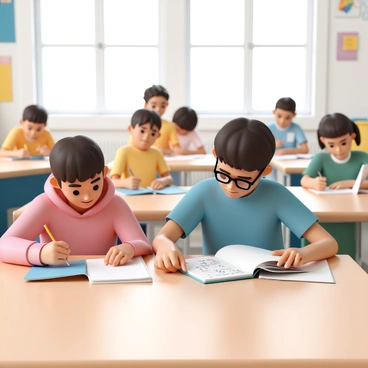 A student, wearing a blue t-shirt and glasses, is sitting at a wooden desk with a notebook open in front of them. They are pointing at a math problem while explaining it to a classmate, who is wearing a red hoodie and looking attentively at the notebook. The classmate has a pencil in hand, ready to take notes. Around them, several other students are focused on their own work, with one girl wearing a yellow sweater writing in her notebook and a boy in a green shirt looking at a textbook. The classroom is filled with light coming from large windows, and there are colorful posters on the walls behind them.
